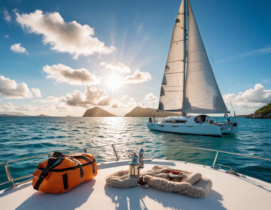 A serene yacht floating on calm turquoise waters, surrounded by navigational charts and safety equipment. Include a backdrop of a bright blue sky with fluffy clouds, and distant islands to add depth. Emphasize a sense of tranquility and adventure, while showcasing essential yacht protection gear like life jackets and fire extinguishers prominently in the foreground. A subtle sunbeam breaking through clouds adds a golden hue. super-realistic. vibrant colors. white background.