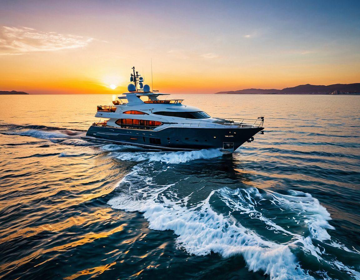 A serene seaside scene showcasing a luxurious yacht anchored on calm blue waters, surrounded by gentle waves. In the background, a bright sun setting over the horizon casts warm golden hues across the sky. Include elements like floating insurance documents and a compass to symbolize navigation and coverage options. The atmosphere should feel inviting and educational, capturing a blend of leisure and responsibility. super-realistic. vibrant colors.