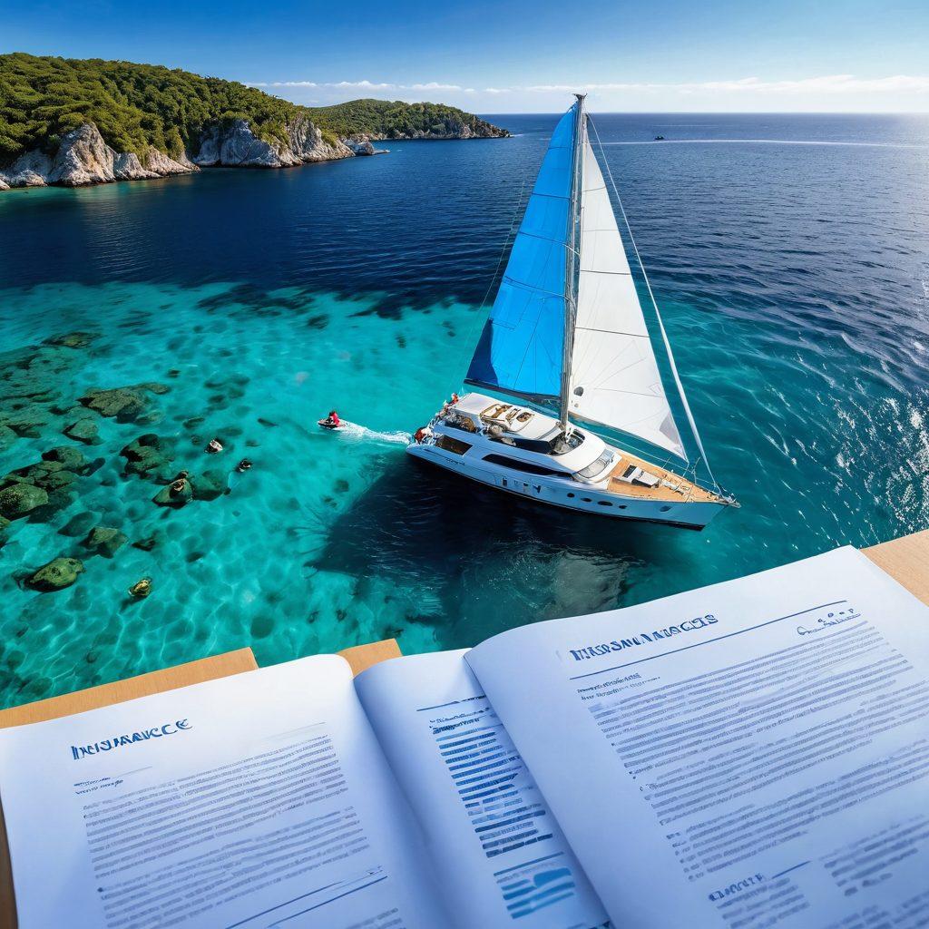 A luxurious yacht sails through crystal-clear waters under a bright blue sky, showcasing a diverse group of happy people enjoying their time on board. The image includes floating documents and charts symbolizing insurance options scattered around the yacht, with a backdrop of serene islands. Emphasize the concept of safety and adventure, blending the essence of leisure with responsible coverage. vibrant colors. super-realistic. nautical theme.